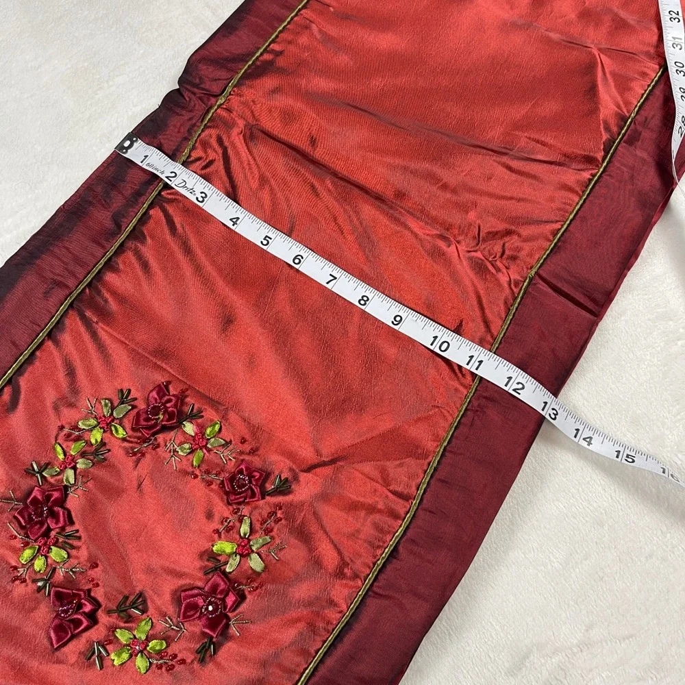 Burgundy Floral Embroidered Faux Silk Table Runner with Tassels 70 Inch Red